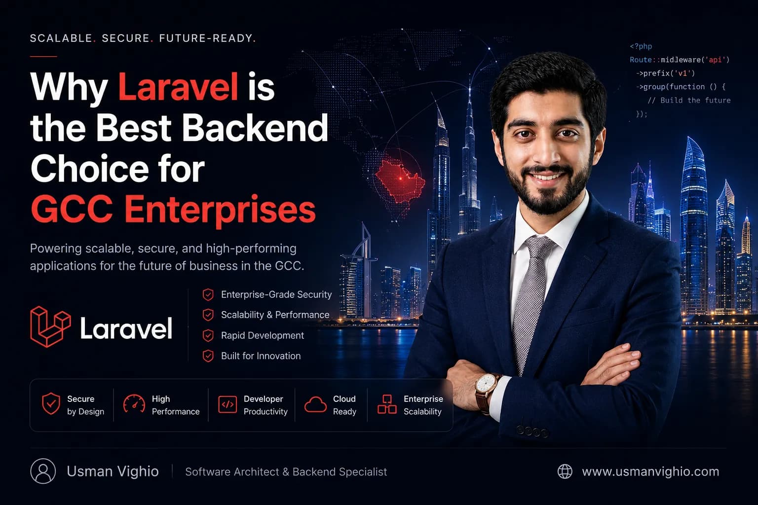 Laravel كإطار خادم لمؤسسات الخليج، يستعرض تطبيقات ويب قابلة للتوسع، وأمن بمستوى المؤسسات، ومعمارية برمجية عالية الأداء.