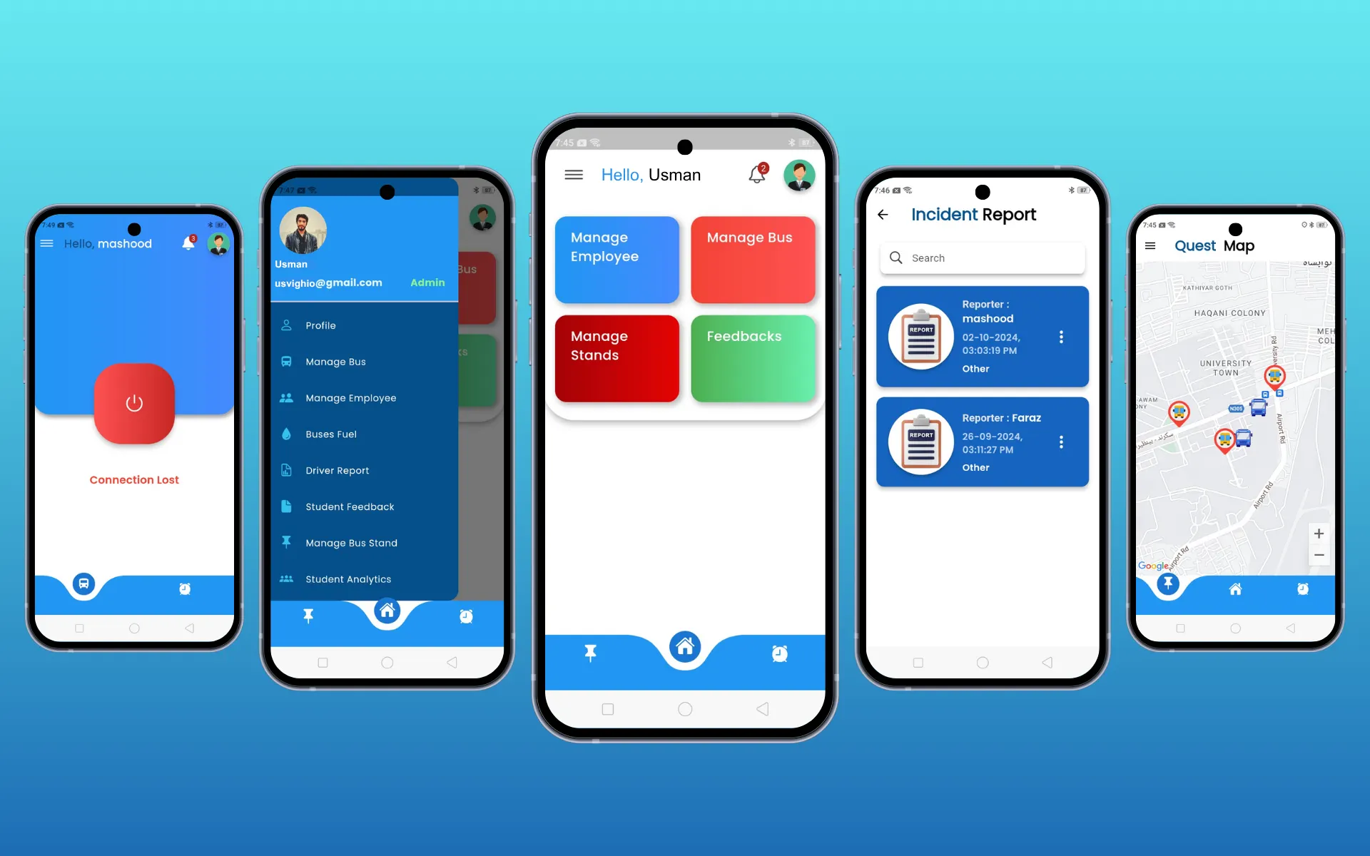QuestBus — University transportation management app with real-time bus tracking, route optimization, and fleet operations management